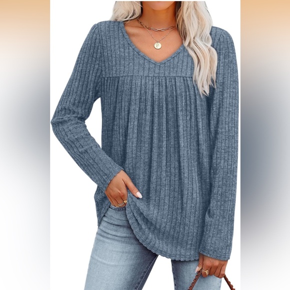 WIHOLL Long Sleeve Shirts V Neck Lightweight Sweaters Casual Tunic Tops Fashion - Picture 2 of 11